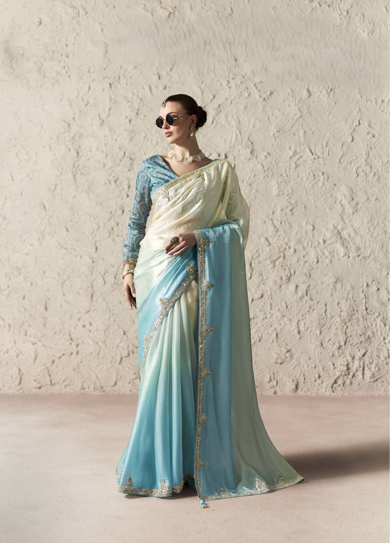 SKYBLUE FANCY embroidered saree with blouse