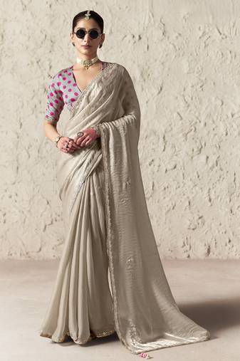 LIGHT GREY FANCY embroidered saree with blouse