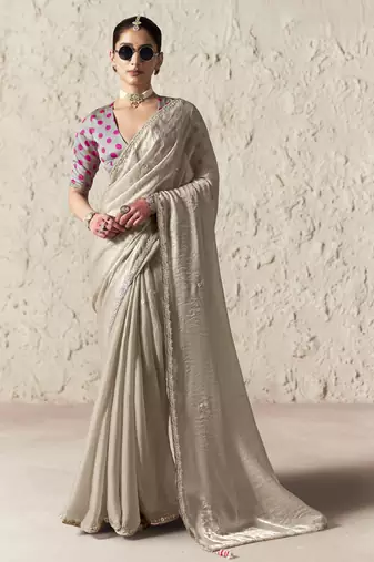 LIGHT GREY FANCY  embroidered saree with blouse