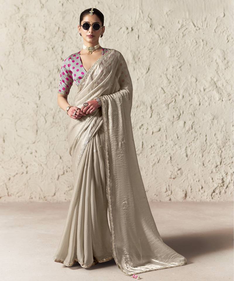 LIGHT GREY FANCY embroidered saree with blouse