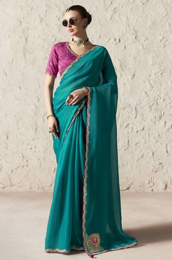 TEAL FANCY embroidered saree with blouse