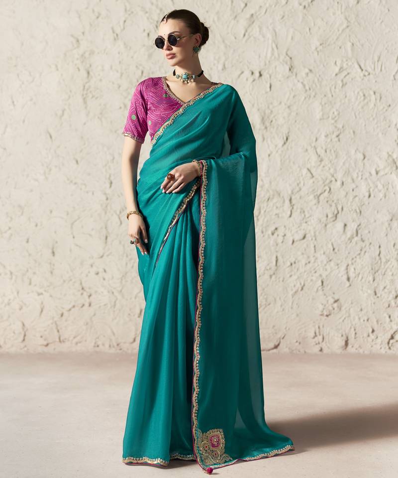 TEAL FANCY embroidered saree with blouse