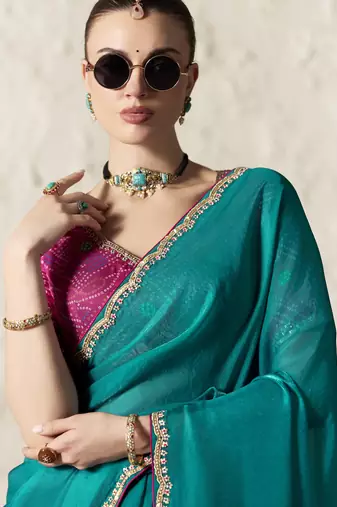 TEAL FANCY embroidered saree with blouse