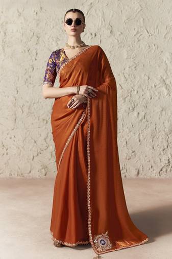 DARK ORANGE FANCY embroidered saree with blouse