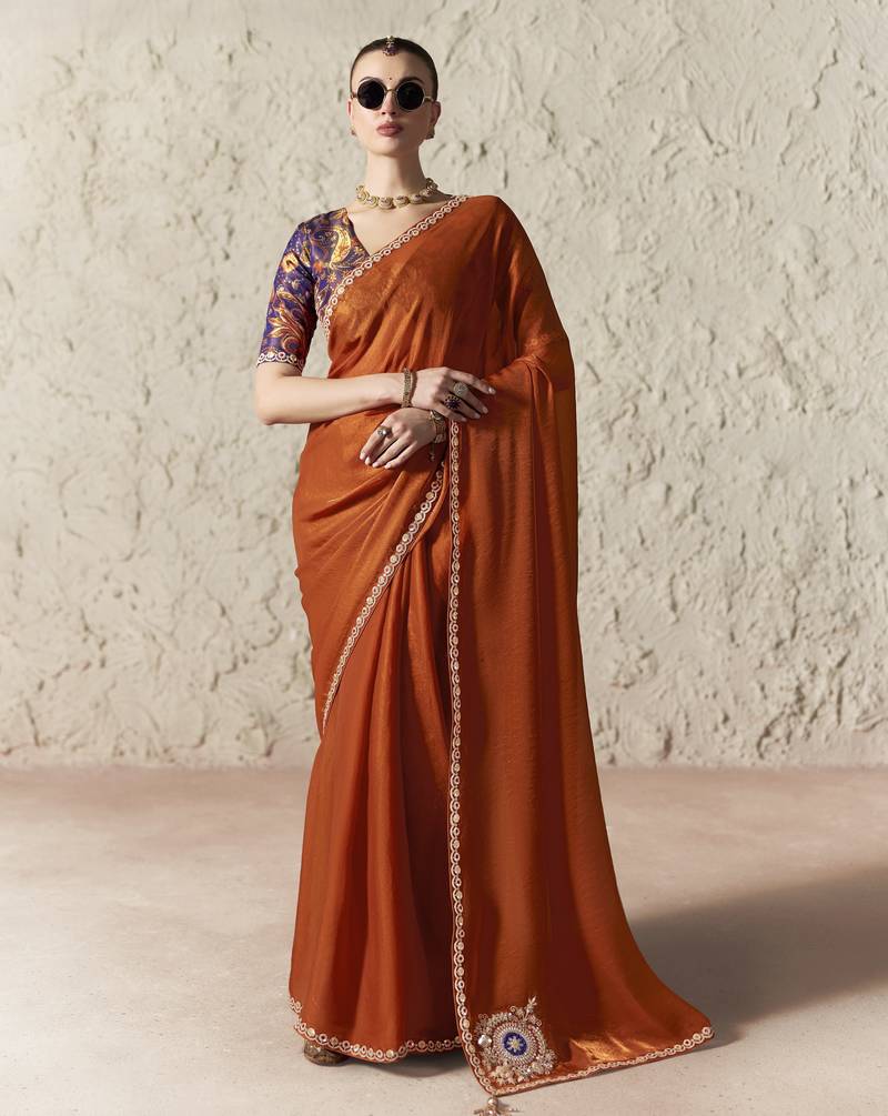 DARK ORANGE FANCY embroidered saree with blouse