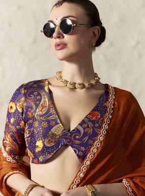 DARK ORANGE FANCY embroidered saree with blouse 2