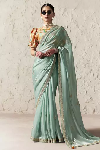 LIGHTGREEN  FANCY embroidered saree with blouse