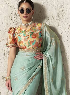 LIGHTGREEN FANCY embroidered saree with blouse 2