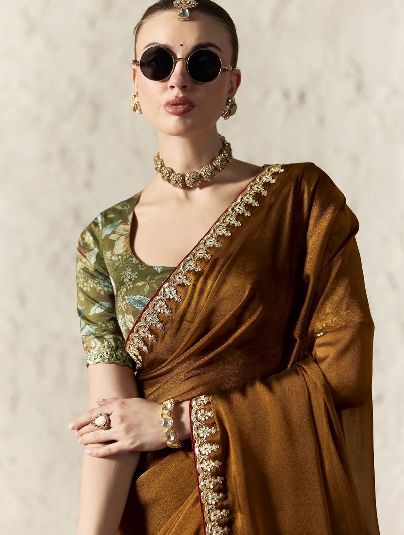 BROWN FANCY embroidered saree with blouse