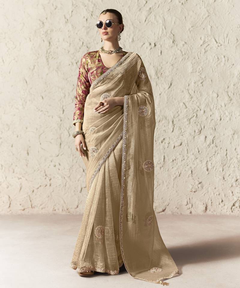  CREAM FANCY embroidered saree with blouse
