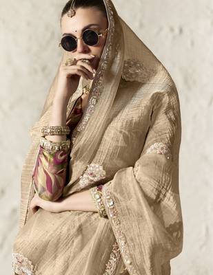  CREAM FANCY embroidered saree with blouse 2
