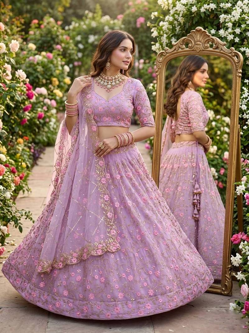 LOVENDER BUTTERFLY NET PARTY WEAR EMBROIDERY LEHNGHA CHOLUI