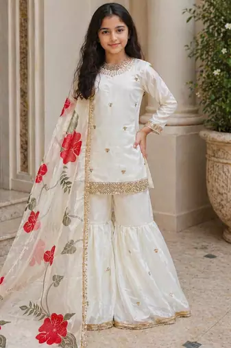 off white embroidered silk girls sharara set