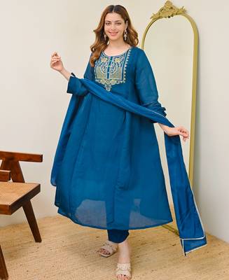  blue chanderi embroidered ethnic suit set 1