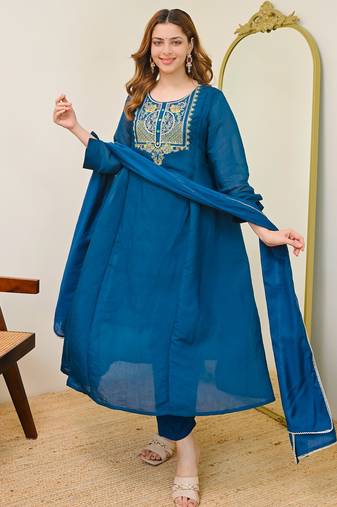  blue chanderi embroidered ethnic suit set