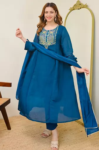  blue chanderi embroidered ethnic suit set