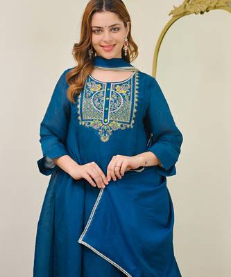  blue chanderi embroidered ethnic suit set 2