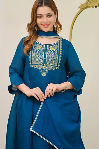  blue chanderi embroidered ethnic suit set