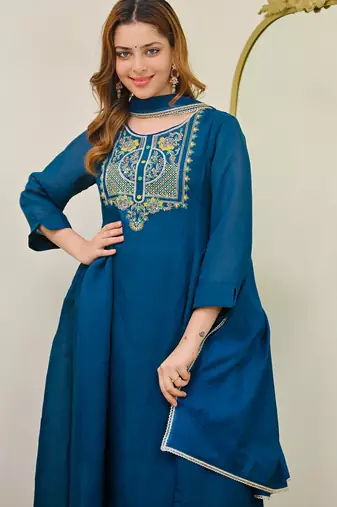  blue chanderi embroidered ethnic suit set