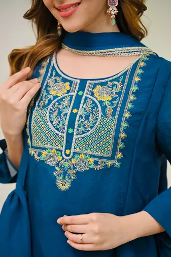  blue chanderi embroidered ethnic suit set