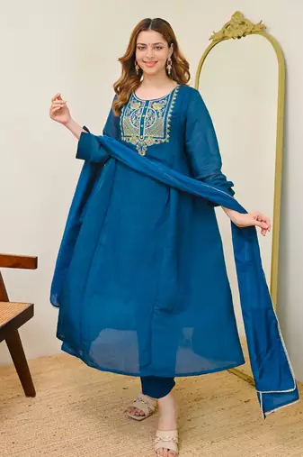  blue chanderi embroidered ethnic suit set