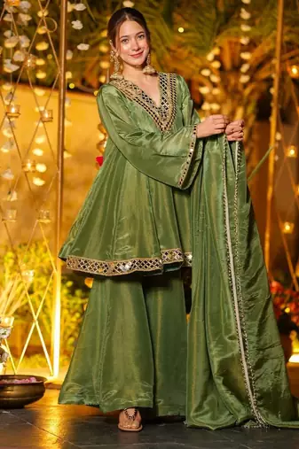 olive green vichitra silk embroidered sharara suit set