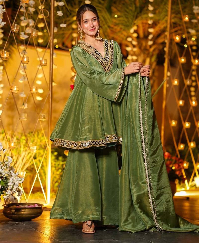 olive green vichitra silk embroidered sharara suit set