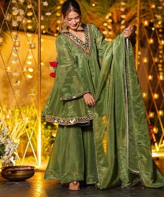 olive green vichitra silk embroidered sharara suit set 2