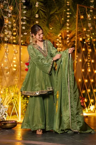 olive green vichitra silk embroidered sharara suit set