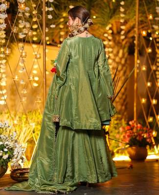 olive green vichitra silk embroidered sharara suit set 4
