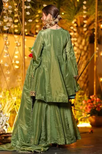 olive green vichitra silk embroidered sharara suit set