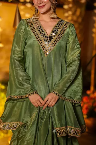 olive green vichitra silk embroidered sharara suit set