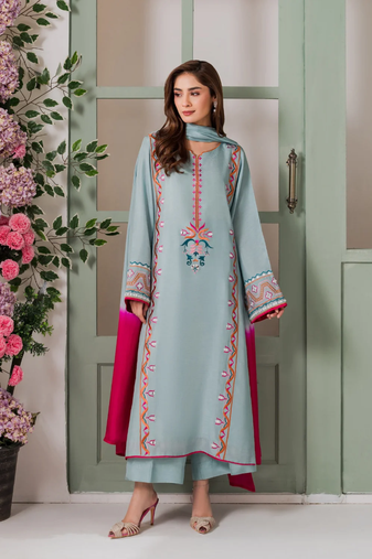 sky blue crepe embroidered mirror work kurta set