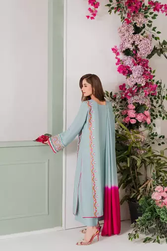 sky blue crepe embroidered mirror work kurta set