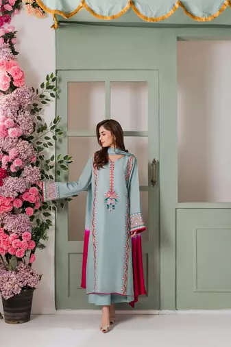 sky blue crepe embroidered mirror work kurta set