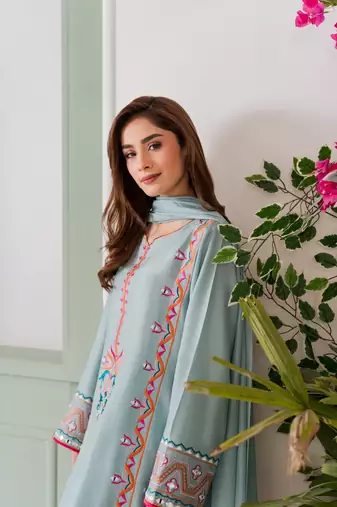 sky blue crepe embroidered mirror work kurta set