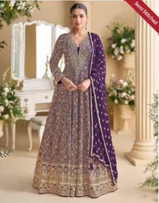 Purple embroidered georgette free size stitched anarkali suit 3