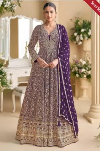 Purple embroidered georgette free size stitched anarkali suit