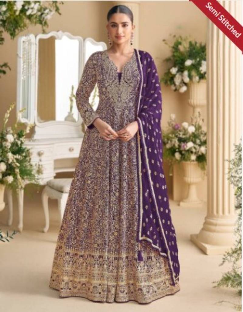 Purple embroidered georgette free size stitched anarkali suit