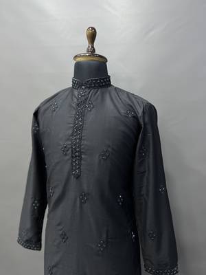 Black cotton butta work work men kurta pyjama 4