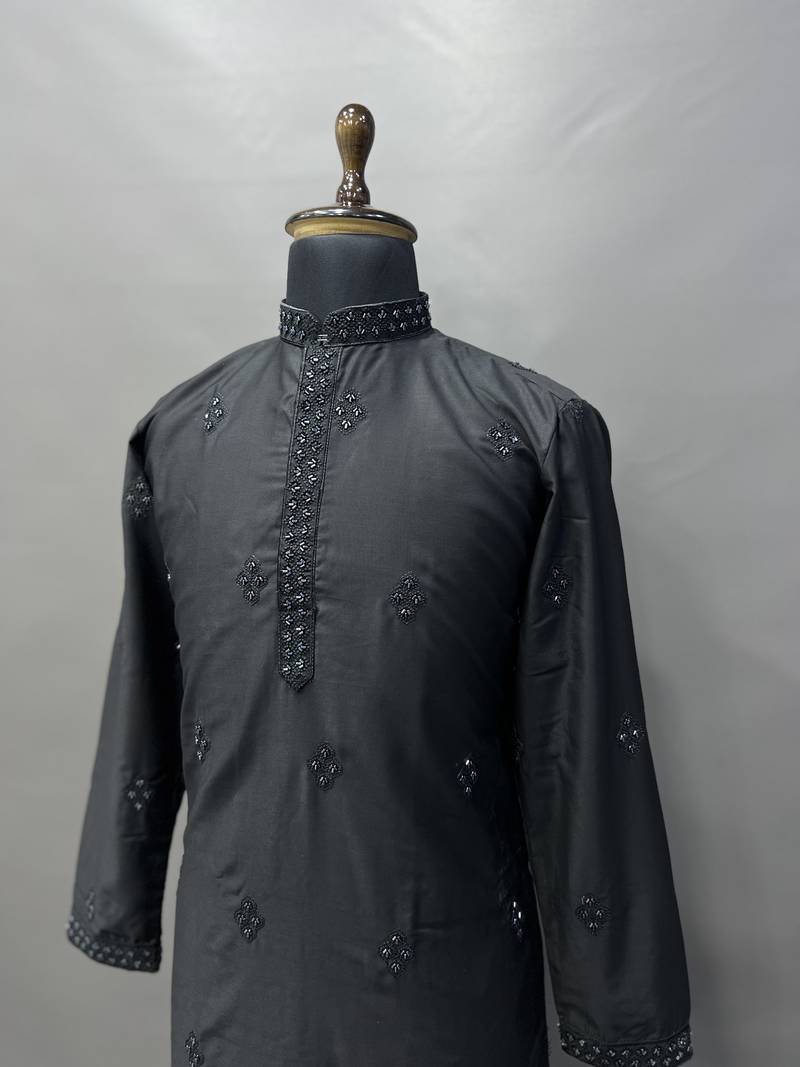Black cotton butta work work men kurta pyjama