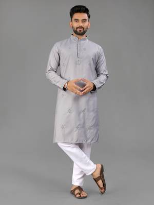 Grey cotton butta work work men kurta pyjama 1