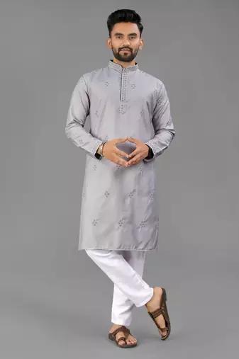 Grey cotton butta work work men kurta pyjama