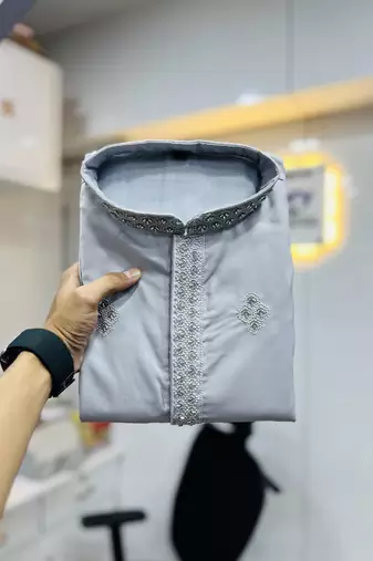 Grey cotton butta work work men kurta pyjama