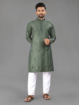 Olive cotton butta work work men kurta pyjama 1