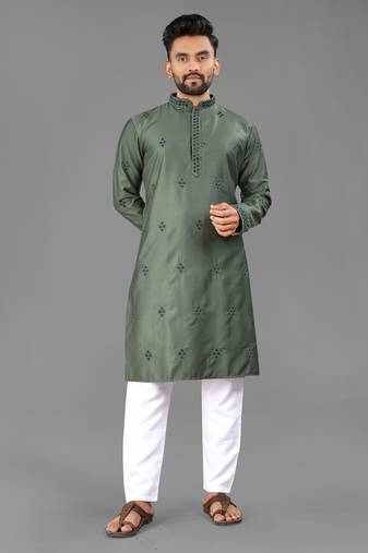 Olive cotton butta work work men kurta pyjama