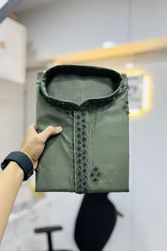 Olive cotton butta work work men kurta pyjama