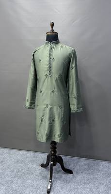 Olive cotton butta work work men kurta pyjama 3