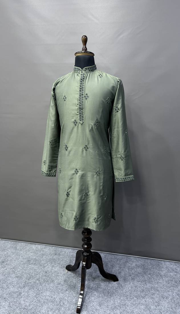 Olive cotton butta work work men kurta pyjama