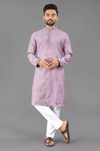 Purple cotton butta work work men kurta pyjama